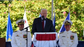 Former President Jimmy Carter speaks during the change of command ceremony for USS Jimmy Carter (SSN 23) at Naval Base Kitsap - Bangor. 