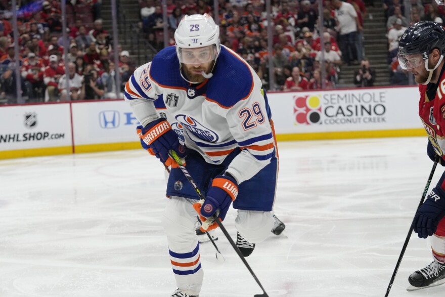 Edmonton Oilers center Leon Draisaitl (29) skates during the second period of Game 2 of the NHL hockey Stanley Cup Finals against the Florida Panthers, Monday, June 10, 2024, in Sunrise, Fla. (AP Photo/Wilfredo Lee)
