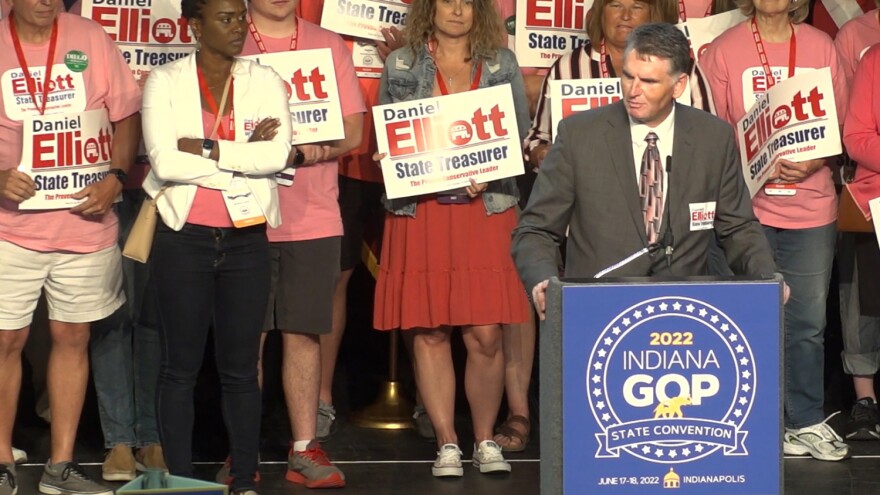 Republican Daniel Elliot speaks at the Indiana Republican State Convention on June 18, 2022. He was elected as Indiana state treasurer against Democratic opponent, Jessica McClellan.