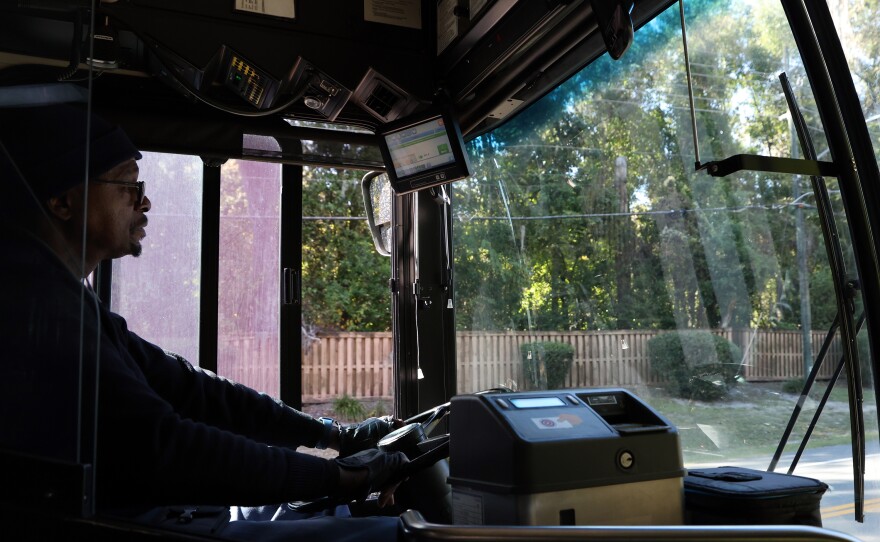 RTS Bus Driver Edward Hines drives the roads that make up route 76 in Gainesville, Fla. on Thursday, Nov. 13, 2025.