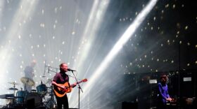 Musicians Thom Yorke (center), Jonny Greenwood (right) and drummer Clive Deamer of Radiohead perform on the Coachella Stage during day 1 of the Coachella Valley Music And Arts Festival. (Trixie Textor/Getty Images for Coachella)