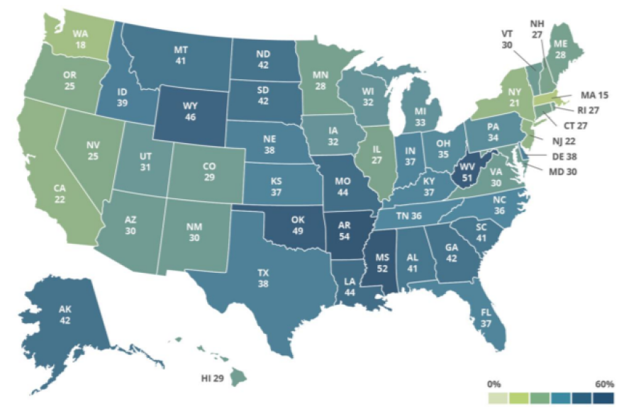 A chart showing what percentage of each state either adheres or sympathizes with Christian nationalist beliefs.