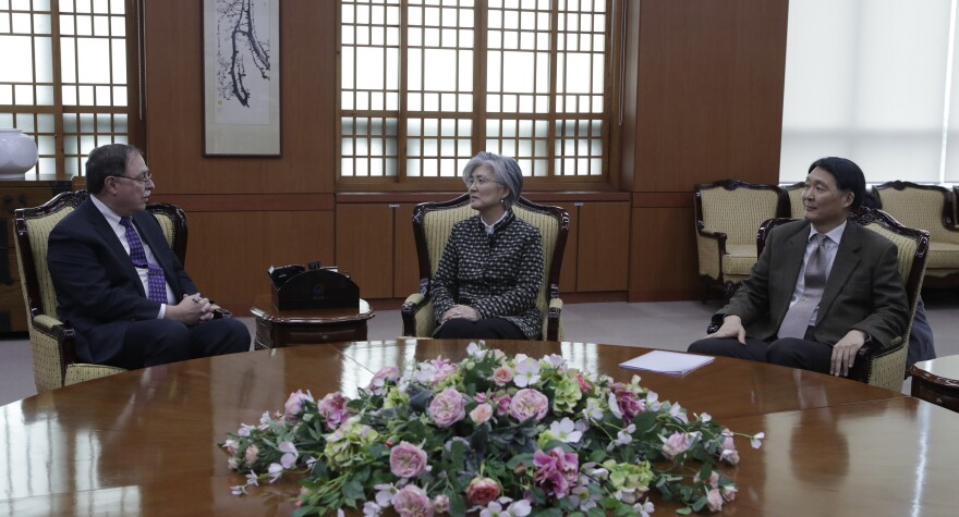 South Korean Foreign Minister Kang Kyung-wha (center) Timothy Betts, acting Deputy Assistant Secretary and Senior Advisor for Security Negotiations and Agreements in the U.S. Department of State (left) and South Korean Foreign Ministry's representative Jang Won-sam (right) sit during their meeting on Feb. 10