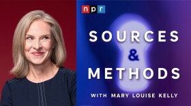 On the left, a photo of Mary Louise Kelly looking to the right; on the right is the the podcast art for her new podcast Sources and Methods with the NPR logo.