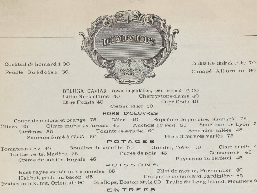 <a href="http://www.npr.org/news/graphics/2012/08/pm-delmonicos/delmonicos_timeseries.pdf">Click here to view a PDF of Delmonico's menus from 1918, 1988 and 2012.</a>