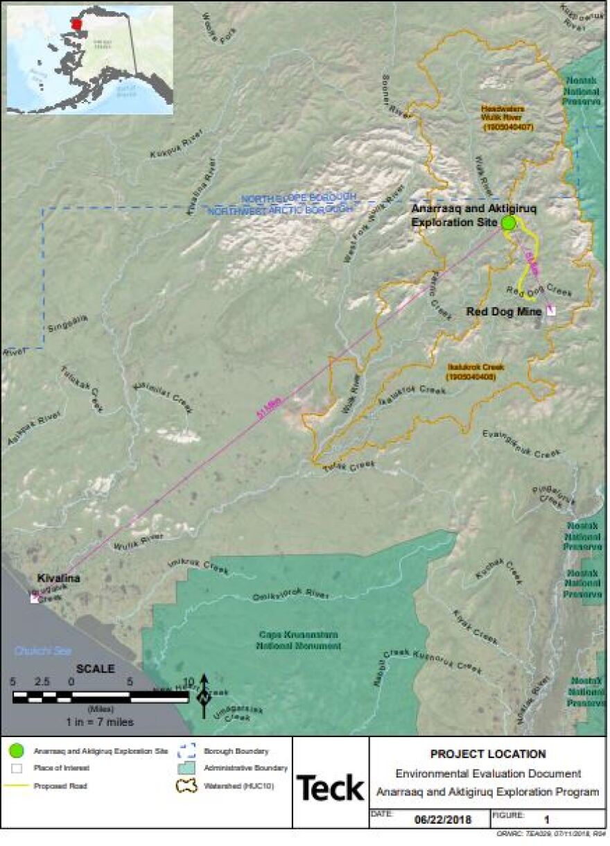 Teck’s plans for a road from the Red Dog Mine to a pair of new prospects, included in documents submitted to the U.S. Army Corps of Engineers.