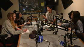 Students prepare to translate news articles in a studio at MSPR. From left: Larkin Danis, Paola Basaldua, Dr. Itza Zavala-Garrett and Holly Hendrix.
