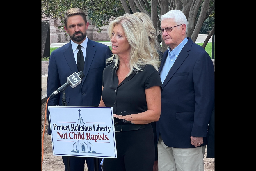 Cindy Clemishire speaks at a press conference outside the Texas Supreme Court in Austin on September 17, 2016.