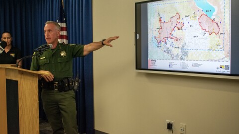 Washoe County Sheriff Darin Balaam provides an update on Bug and Stallion Fires burning north of Reno-Sparks on Aug. 12, 2026.
