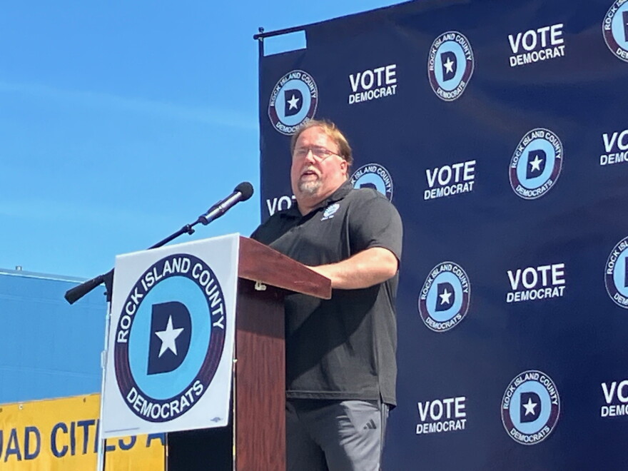 Rob Bern, vice president of UAW Local 434, speaks after winning the 2026 Rock Island County Democrats' local labor award, Sept. 7, 2026.