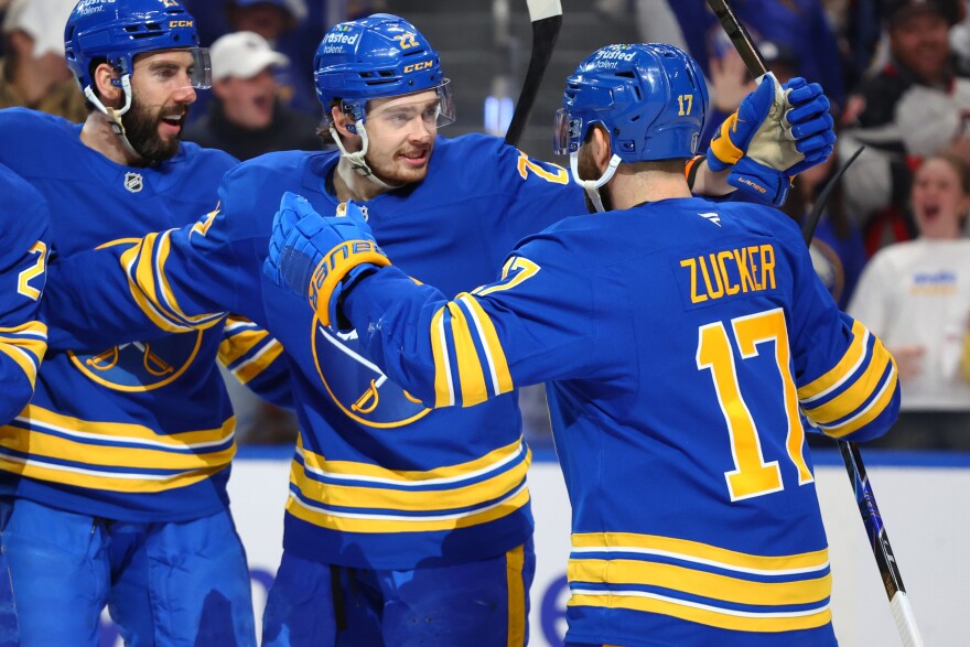 Buffalo Sabres left wing Jason Zucker (17) celebrates his goal with right wing Jack Quinn (22) during the first period in Game 5 of a second-round NHL hockey Stanley Cup playoff series against the Montreal Canadiens, Thursday, May 14, 2026, in Buffalo, N.Y.