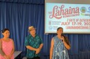 Left to right, Economic Recovery Commission Healing Journey Team members Courtney Lazo, Daryl Fujiwara and Mikey Burke, of Lahaina, share details about Lahaina Homecoming at a July 1 community meeting.
