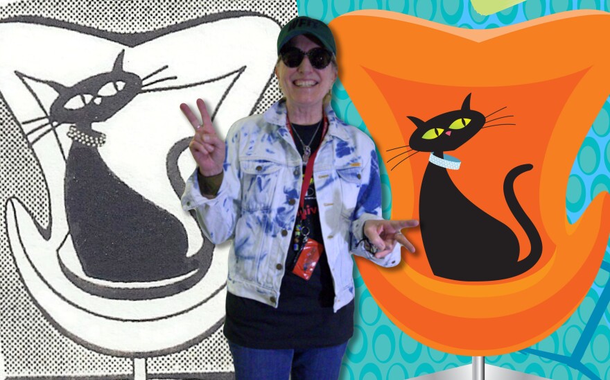 Joni-O in front of her old and new show posters.