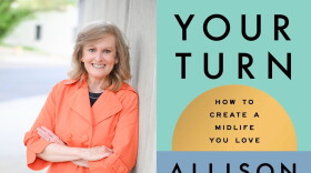 A woman with light brown hair wearing an orange top leans against a wall in the left-side image; to the right is an image of the cover of her new book.  
