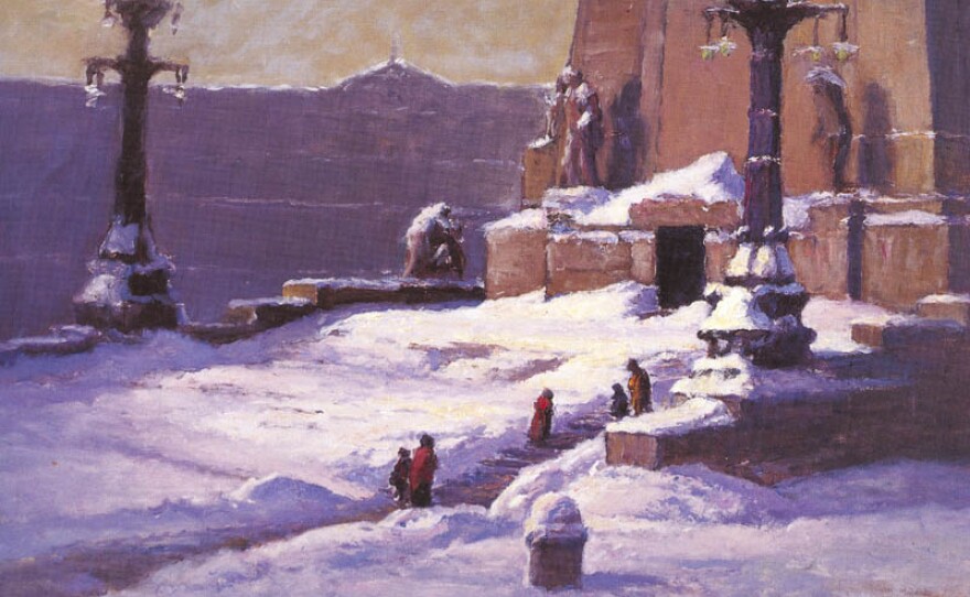 An oil painting titled 'Monument in the Snow' by T. C. Steele, depicting Monument Circle and the Soldiers and Sailors Monument in Indianapolis covered in snow, with figures walking on the snow-covered ground."