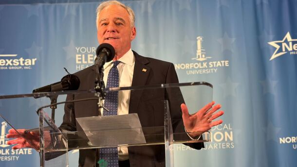 U.S. Sen. Tim Kaine talks to the media after a debate at Norfolk State University on Oct. 2, 2024.