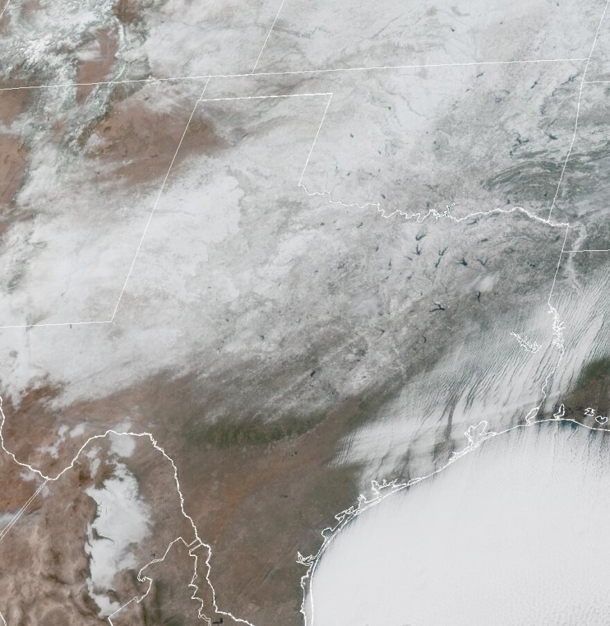 The green southern edge of the Hill Country could be seen peeking out below clouds over Texas by late morning on Jan. 26, 2026.