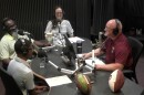 WFSU's Tallahassee Benchwarmers podcast is recorded in-studio. 4 people are seated at an oval table