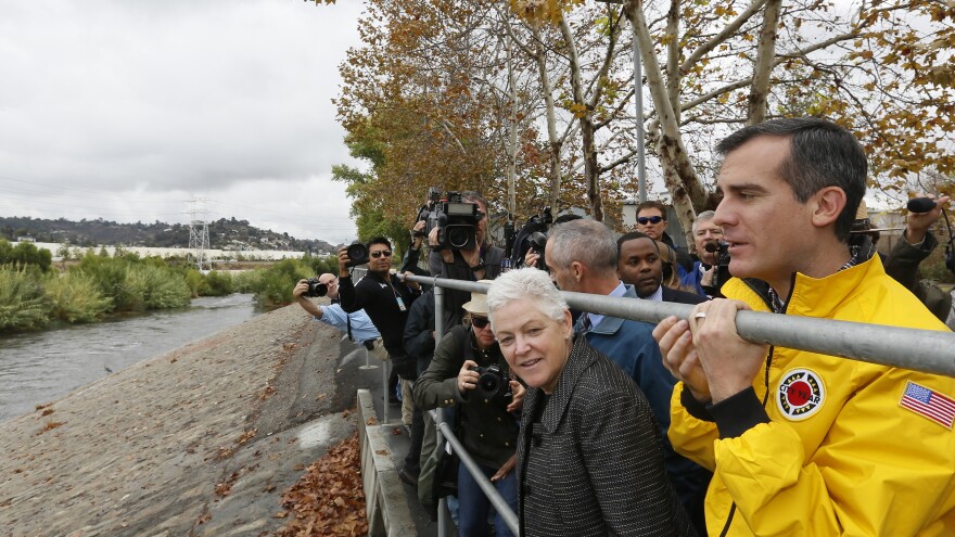 Mayor Garcetti and EPA Administrator Gina McCarthy tour the Los Angeles River last year. Garcetti plans to restore natural habitats along the river.