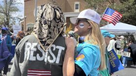 Florence Lamb, left, and Alix Bjorklund, attended the third No Kings march in Santa Fe, NM, at the state Capitol on March 28, 2026.