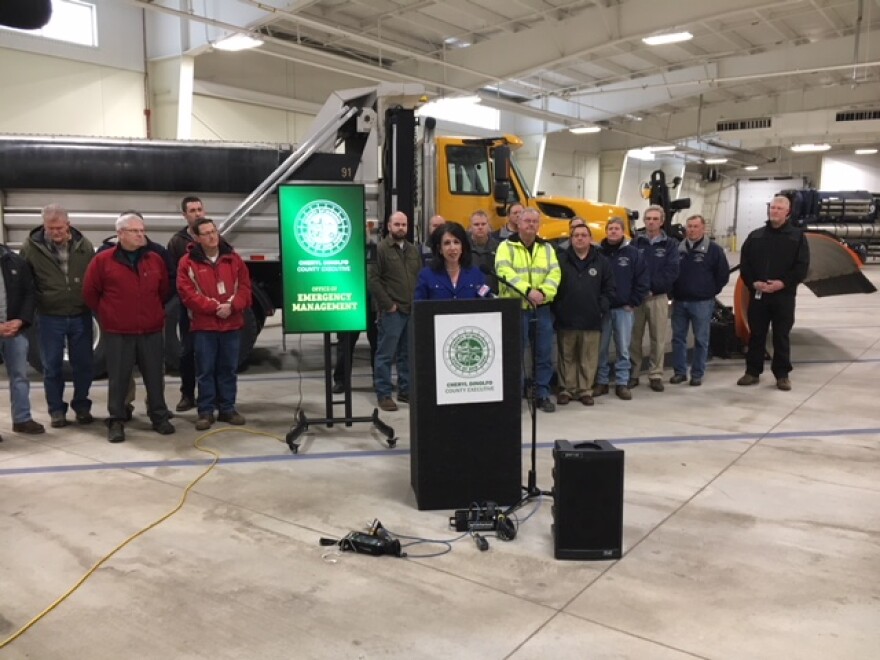 County Executive Cheryl Dinolfo and members of the Monroe County Office of Emergency Management at the Fleet Center on Paul Road.