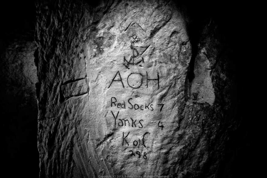 One soldier etched a baseball score into the quarry wall.