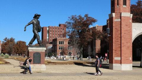 University of Oklahoma students walk to and from class on the Van Vleet Oval in Norman.