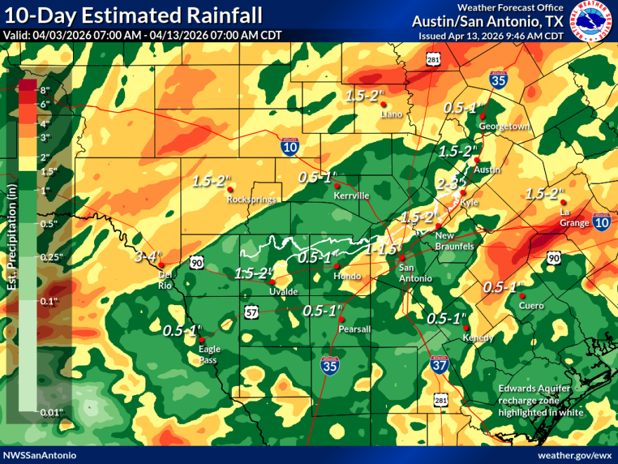 Rainfall totals for a 10 day period, ending at 7 a.m. on Monday, April 13, 2026. The Edwards Aquifer Recharge Zone is outline in white