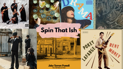 A collage of artworks for seven musical releases with a pink bubble in the middle that has the words "Spin That Ish"