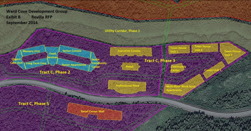 This drawing shows tentative plans for a senior complex along Revilla Road. The plan includes a senior care facility, condos for seniors, and housing and services for employees of the senior center. (Image from Ward Cove Group development proposal.)
