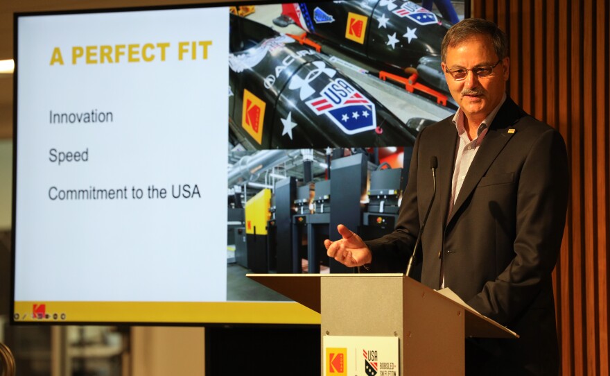Terry Taber, Chief Technical Officer and Vice President, Senior Vice President of Advanced Materials and Chemicals at Eastman Kodak Company announces Kodak's support of USA Bobsled/Skeleton ahead of the 2026 Winter Olympics, unveiling a new state-of-the-art bobsled in Kodak’s iconic yellow and red at the Golisano Institute for Business & Entrepreneurship. The historic 1956 Bronze Medal–winning “Tyler Sled,” designed and raced by Kodak engineers, was also on display.