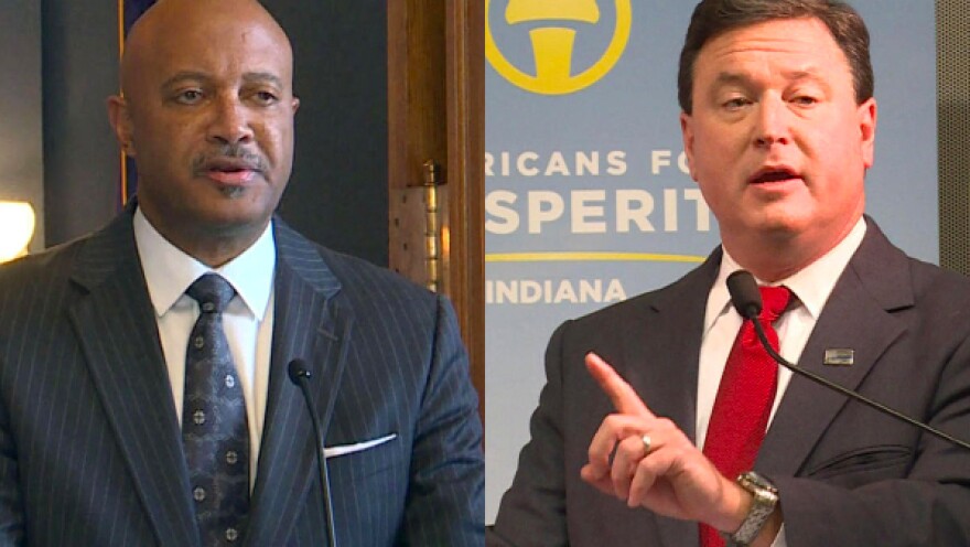 In 2020, Republicans Todd Rokita (right) and Curtis Hill (left) received more than $1 million combined from a group linked to the robocalls.