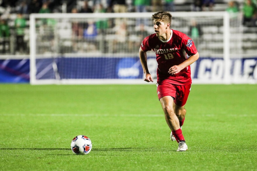 Indiana's Brett Bebej brings the ball upfield against Marshall during Monday night's NCAA men's soccer championship.