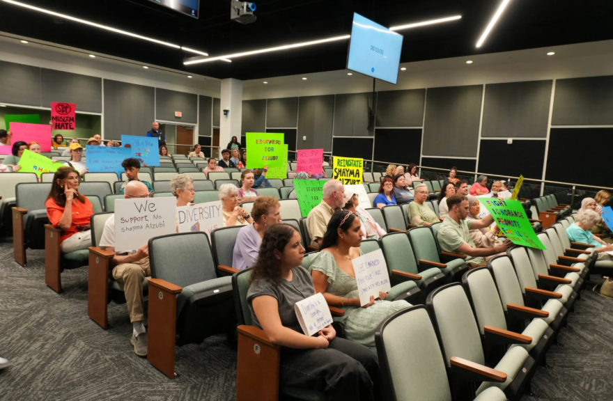 Fort Worth residents gather at a school board meeting on June 1, 2026, to protest against the district reassigning a Muslim principal in late May.