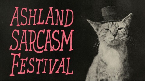a black and white photo of a cat in a hat to the right of text "Ashland Sarcam Festival" with a pink and black checkerboard border
