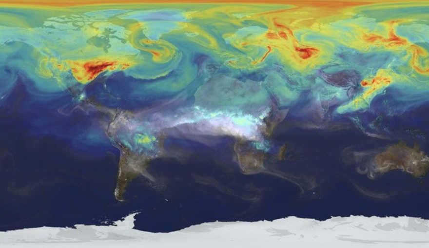 Carbon is a miraculous element. It is what all life on Earth is made out of. Carbon emissions are also heating up the planet, threatening that same life on Earth. This image shows NASA’s carbon monitoring, which uses satellite data to map atmospheric carbon dioxide.