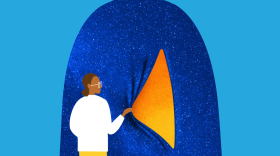 The Embodied logo, which features the silhouette of a person that is dark blue with small white dots all over it, like stars. There is a cartoon person standing in front of the silhouette with brown skin, brown hair and glasses wearing a white long-sleeved shirt, yellow pants and white shoes. She is pulling back the dark blue fabric to reveal a yellow-orange interior to the silhouette. The background of the logo is light blue and has the word "Embodied" at the top, with the NPR Network logo underneath it on the left-hand side and WUNC underneath it on the right-hand side.