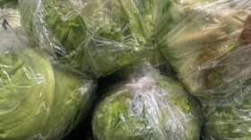 Iceberg lettuce wrapped in plastic.