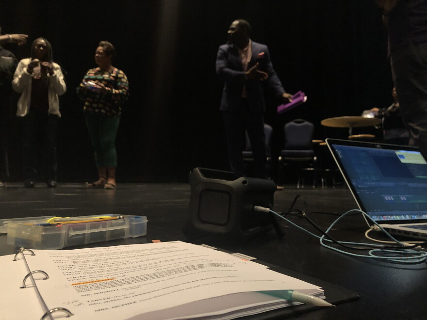 A copy of the script sits on stage at Miramar Cultural Center during a rehearsal earlier this month.