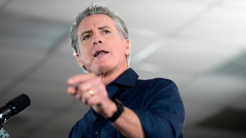 California Gov. Gavin Newsom speaks during a rally with Harris County Democrats at the IBEW local 716 union hall Nov. 8, 2025, in Houston.