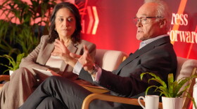Former CBS News and 60 Minutes correspondent Scott Pelley speaking with Knight Foundation CEO and President Maribel Pérez Wadsworth at the Press Forward summit in San Antonio, TX, on 10/8/26