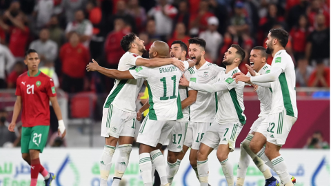 The Algerian National Team celebrates during the 2021 FIFA Arab Cup. Algeria won that tournament, which was a test of Qatar's hosting in advance of the 2022 World Cup.