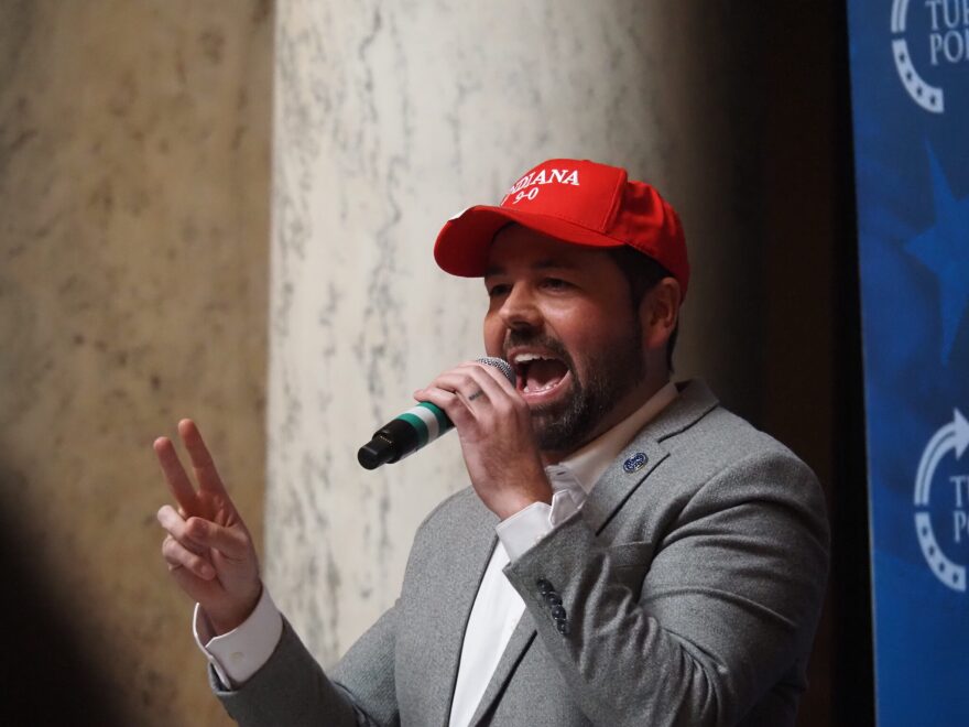 Lt. Gov. Micah Beckwith speaks at a pro-redistricting rally at the Indiana Statehouse on Friday, Dec. 5, 2025.