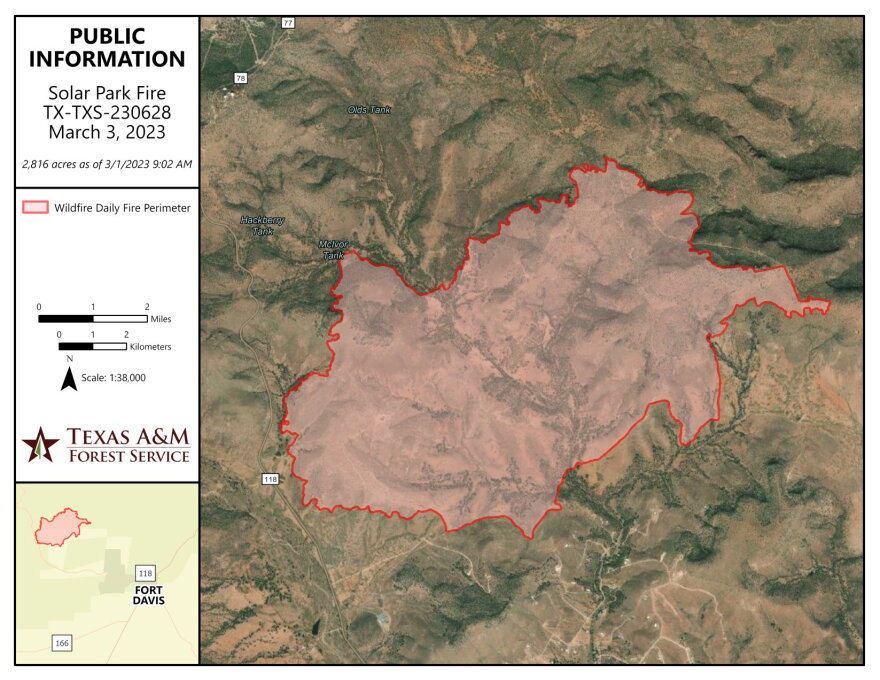 A map of the Solar Park Fire as of March 3, 2023.
