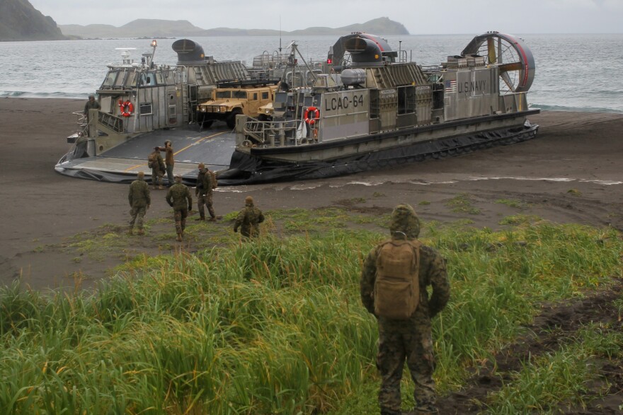 An LCAC, a hover-craft the Navy uses to transport material from ship to shore, lands on the beach at Kuluk Bay on Adak as part of military exercises in September.