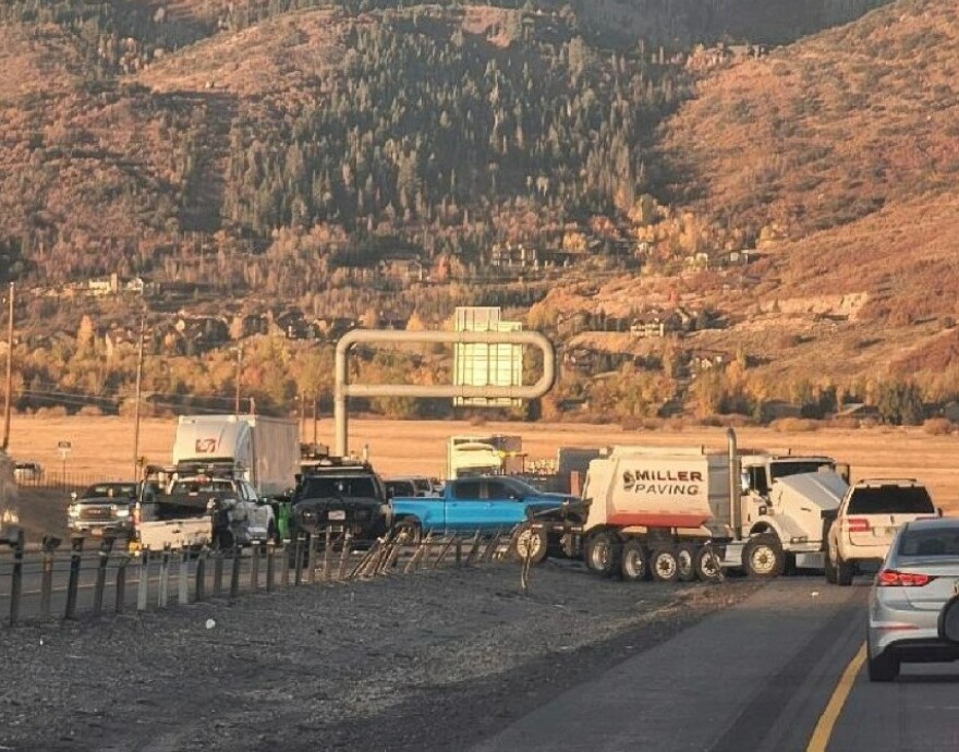 A dump truck crashed into the median of Interstate 80 between Kimball Junction and the U.S. 40 junction Friday morning