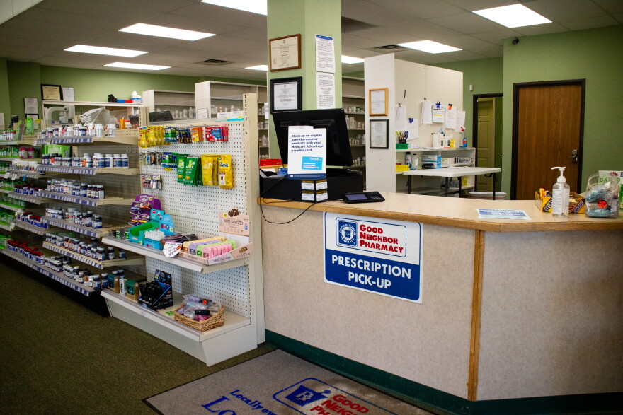 Medications rest behind the counter at Gateway Pharmacy in Clare, Michigan on Monday, April 4, 2026.