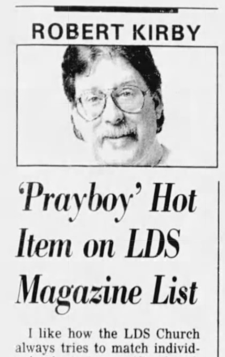 Old newspaper column with photo and headline that reads ‘Prayboy’ Hot Item on LDS Magazine List. 
