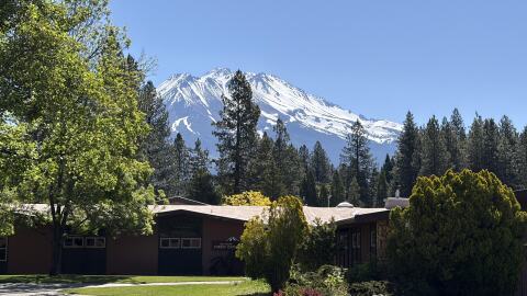 In the foreground is a single-story brown building, surrounded by trees, grass, and plants. In the background is a large, snow-capped mountain. 