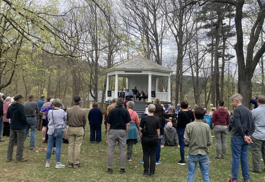 U.S. Rep. Becca Balint speaks to a crowd of about 200 people who gathered on The Brattleboro Common to remember Leah Rosin-Pritchard.